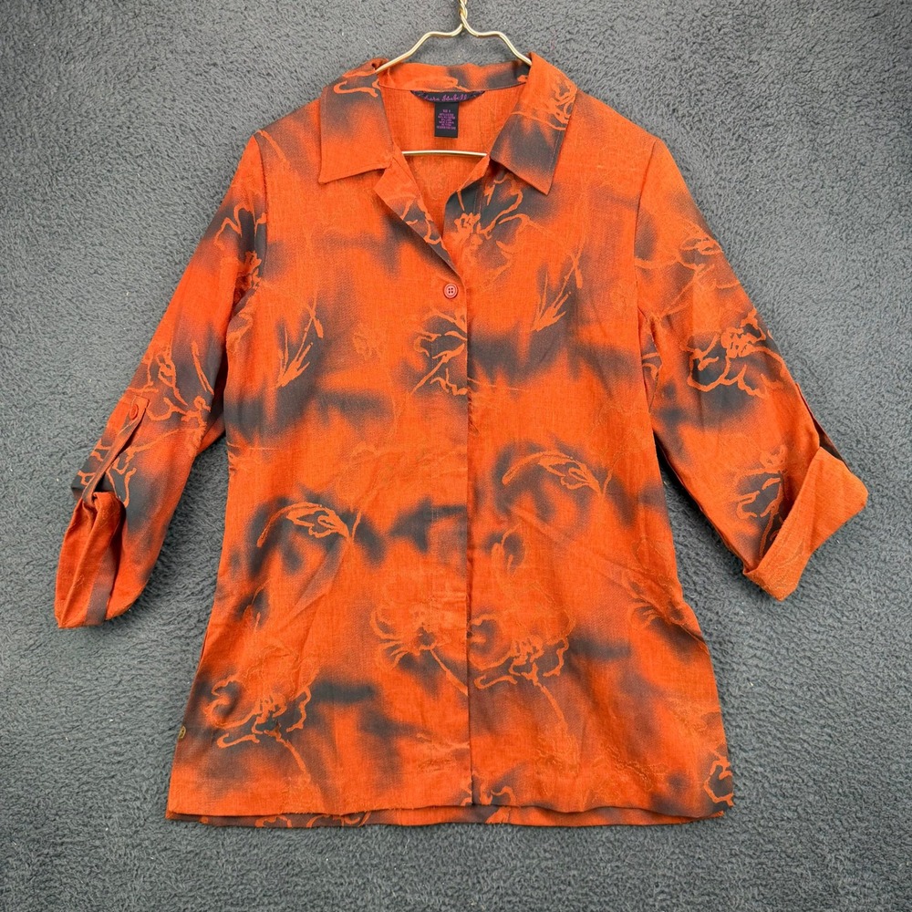 Sara Isabelle Womens Small Orange Abstract Floral Linen Blend Button Down Shirt
